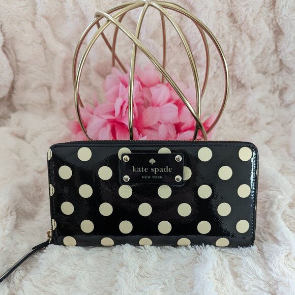 kate spade Handbags - Kate Spade polka dot zippy wallet, black and white, EUC